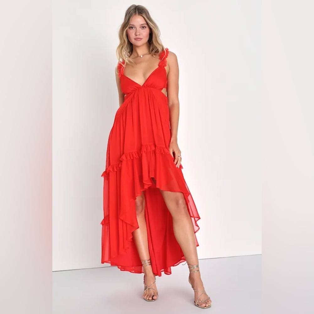 Lulus Always a Dreamer Red Chiffon Tiered High-Low Dress- Size Small